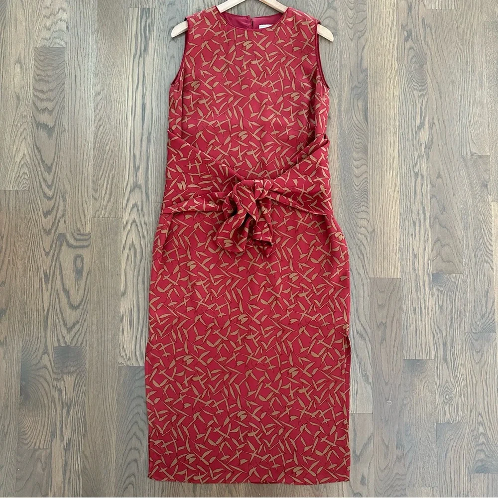 Doncaster Vintage 100% Silk Sleeveless Tie Waist Dress in Red and Khaki Size 8